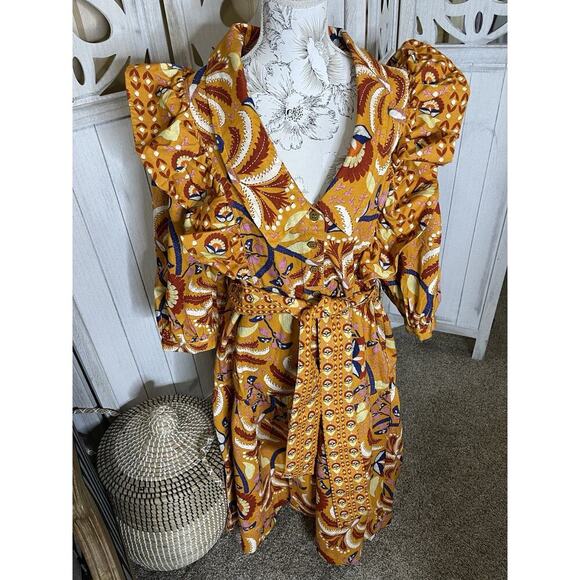 New! Farm Rio Yellow Palms Party Women’s Dress Ruffle Statement Size XL - Picture 2 of 7